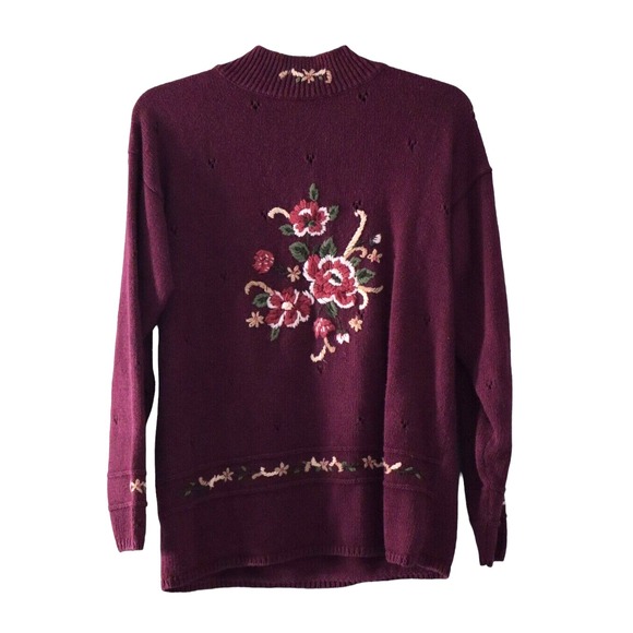 VINTAGE New Look Ramie Womens L Red Wine Crochet Floral Embroidered Sweater - Picture 1 of 7